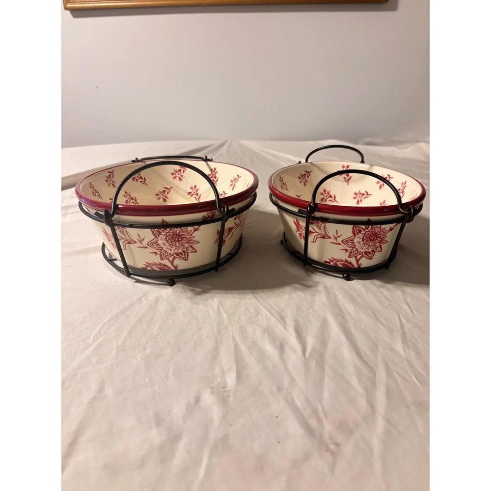 Temp-tations Floral Lace Oval Baker Set Red Cream Ceramic 2pc with Wire Racks EX